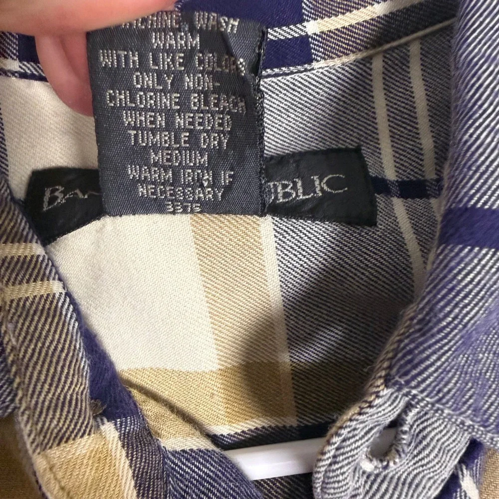Vintage Banana Republic Plaid Flannel Shirt Men's Medium Blue Tan Long Sleeve